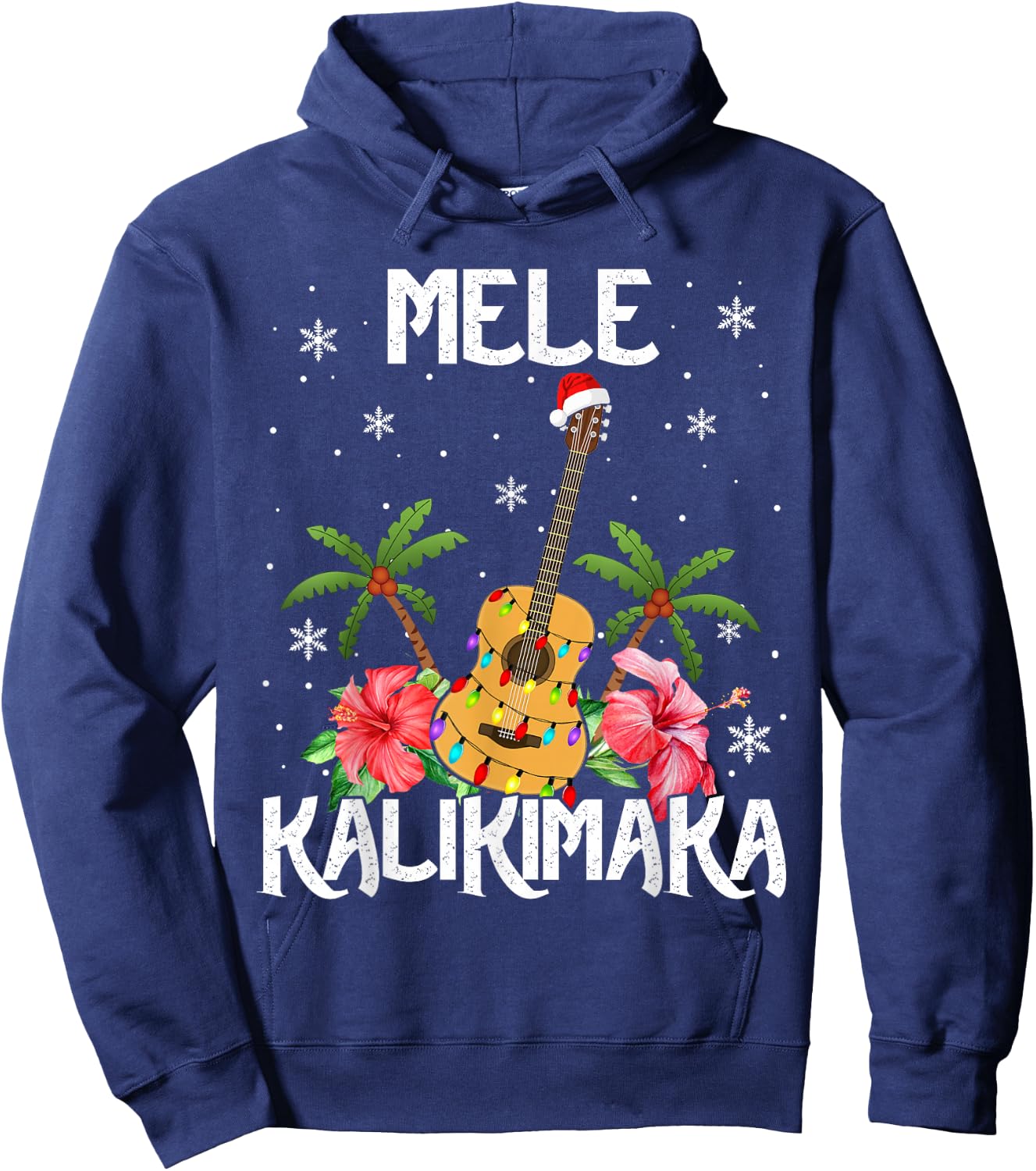 Mele Kalikimaka Merry Xmas Light Santa Hawaiian Guitar Hoodie - Hoodie | Navy