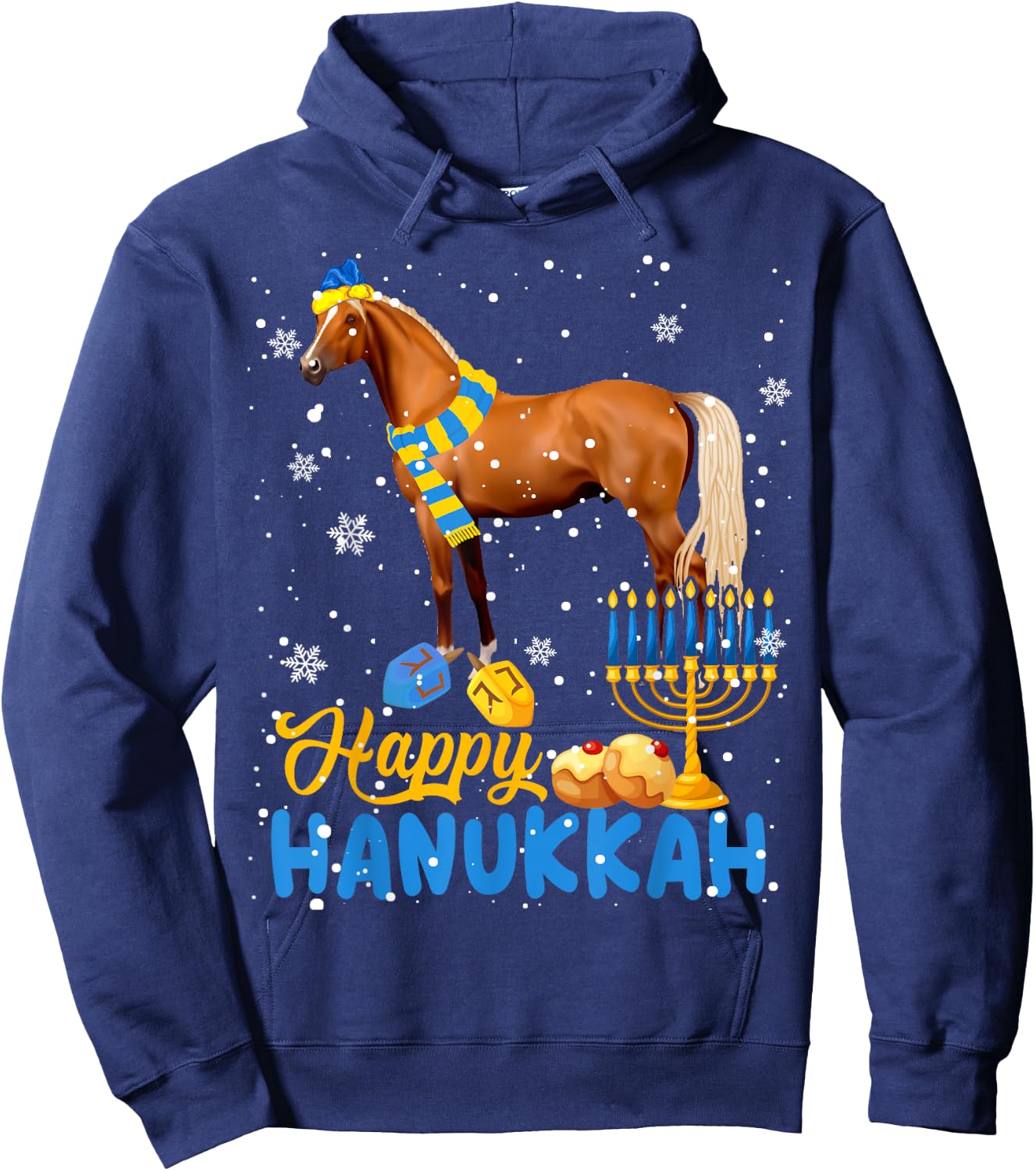 Happy Hanukkah Cute Hanukkah Horse Menorah Jewish Proud Hoodie - Hoodie | Navy