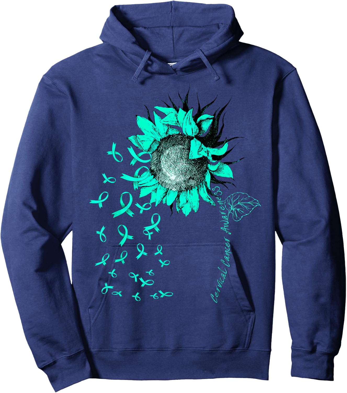 CERVICAL CANCER AWARENESS Sunflower Teal Ribbon Hoodie - Hoodie | Navy