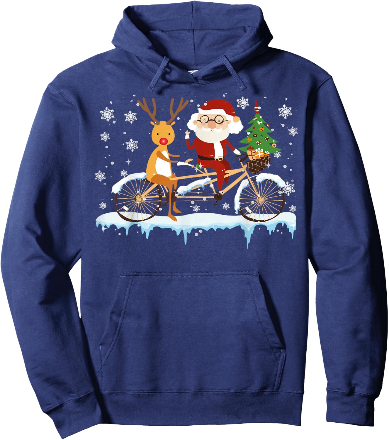 Santa And Reindeer Riding Bicycle Christmas Santa Reindeer Hoodie - Hoodie | Navy