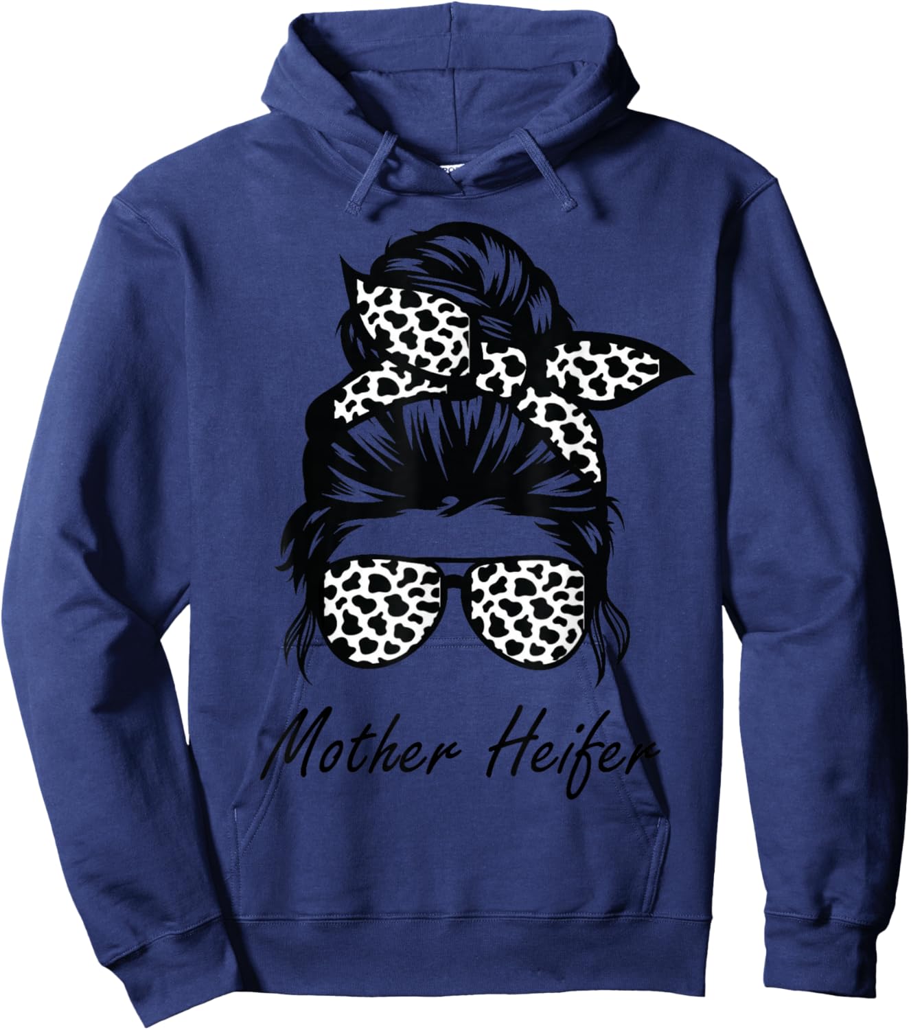 Mother Heifer Farmer Mom Cow Messy Bun Hair Bandana Cow Hoodie - Hoodie | Navy