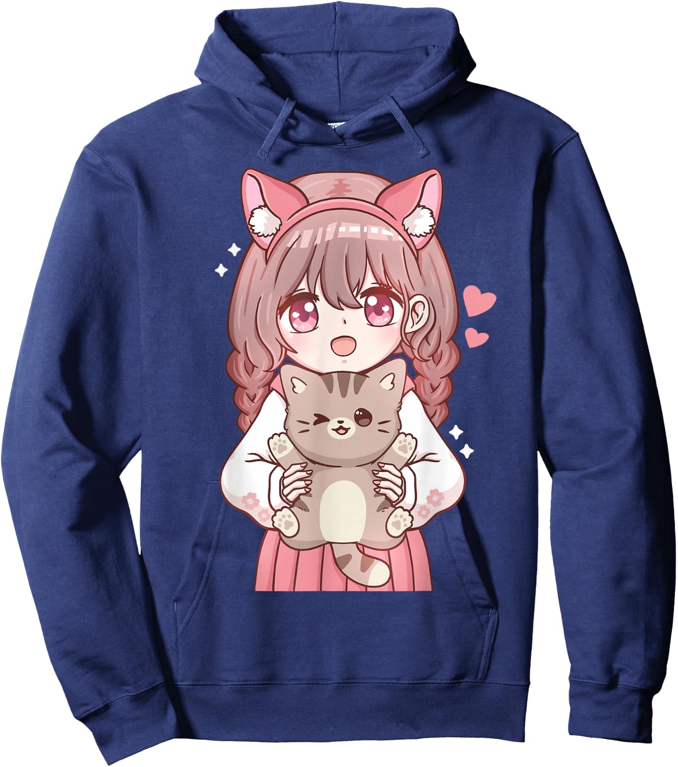 Anime Girl with Cat Kawaii Cat Lover Otaku Small Hoodie - Hoodie | Navy