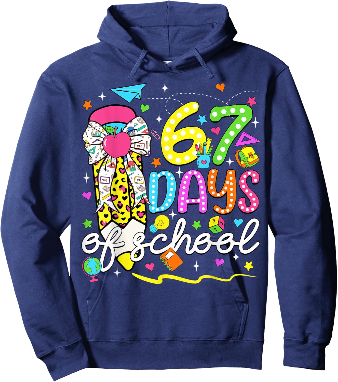 67 Days of School Girls Coquette Bow Pencil 67 Days Smarter Hoodie - Hoodie | Navy