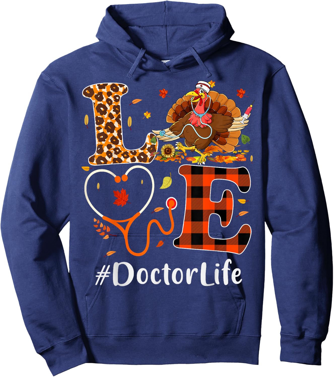Doctor Love Thanksgiving Leopard Stethoscope Funny Turkey Hoodie - Hoodie | Navy