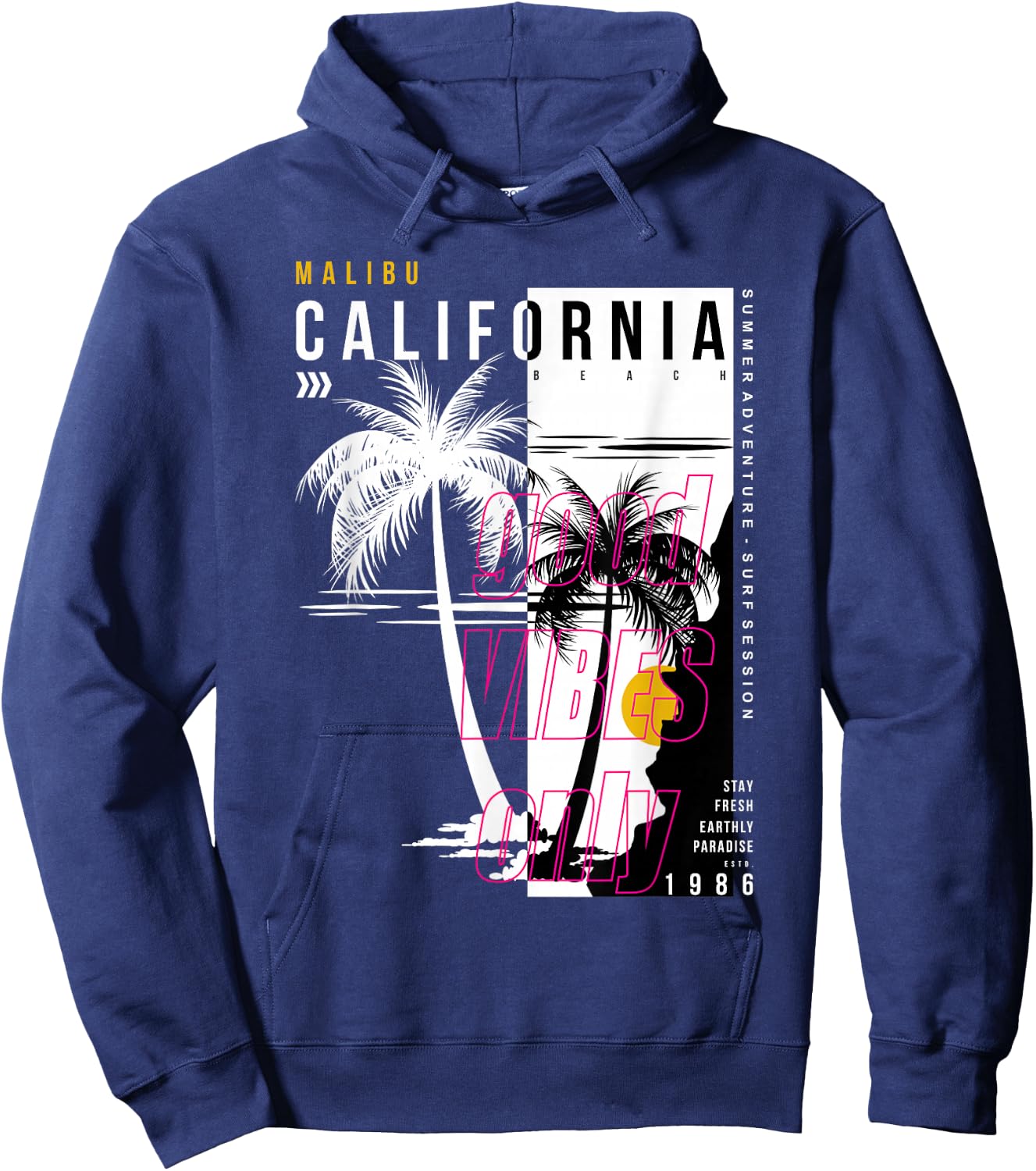 Black and White Palm Tree California Malibu Hoodie - Hoodie | Navy