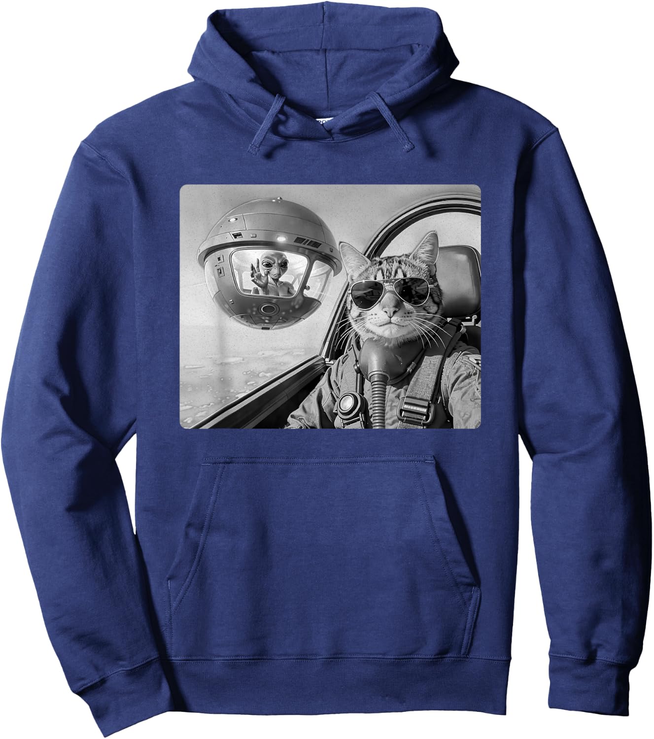 Pilot Cat Selfie with UFO and Alien Fighter Jet Cat Lovers Hoodie - Hoodie | Navy