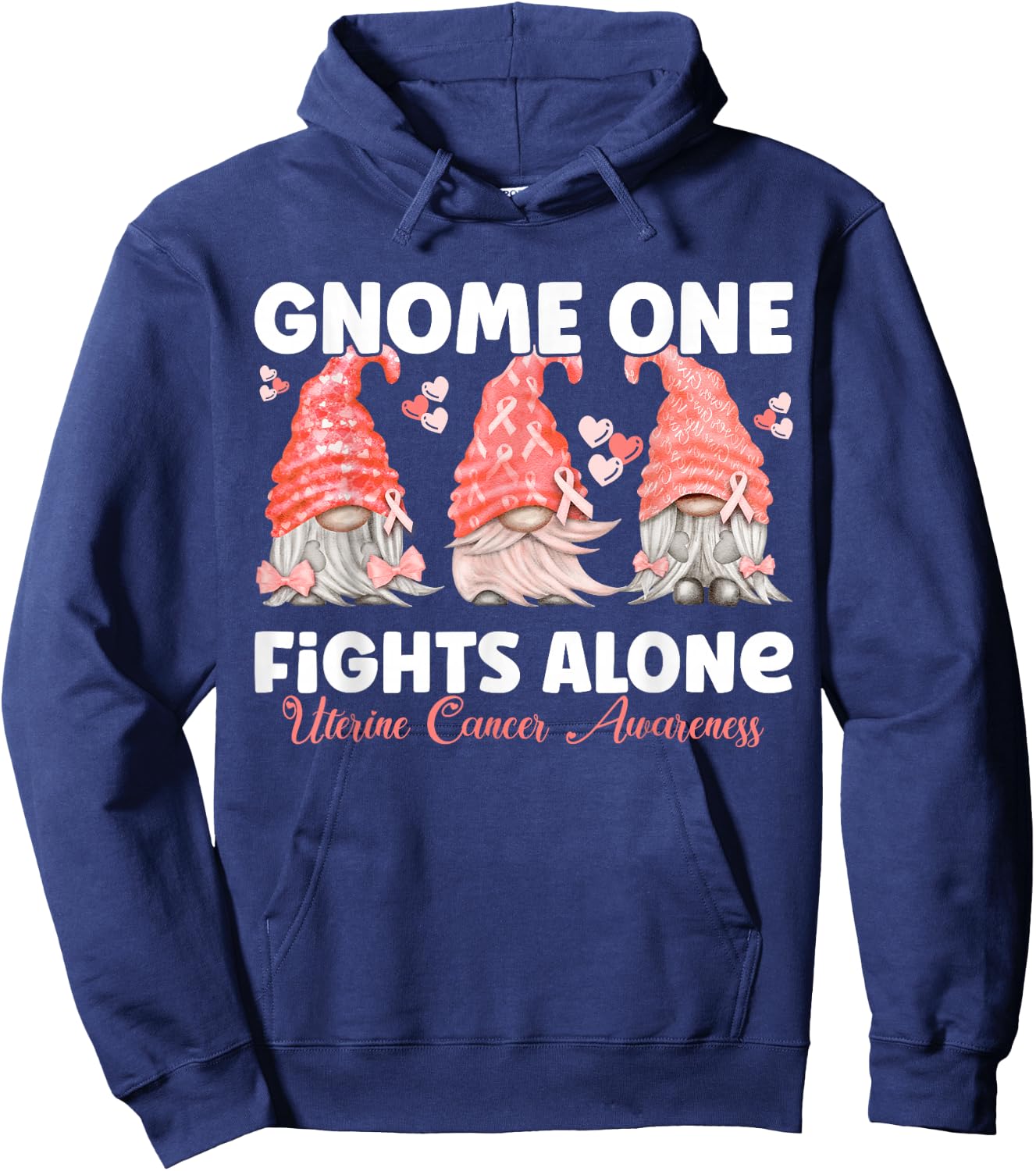 Gnome One Fights Alone Peach | Uterine Cancer Awareness Hoodie - Hoodie | Navy