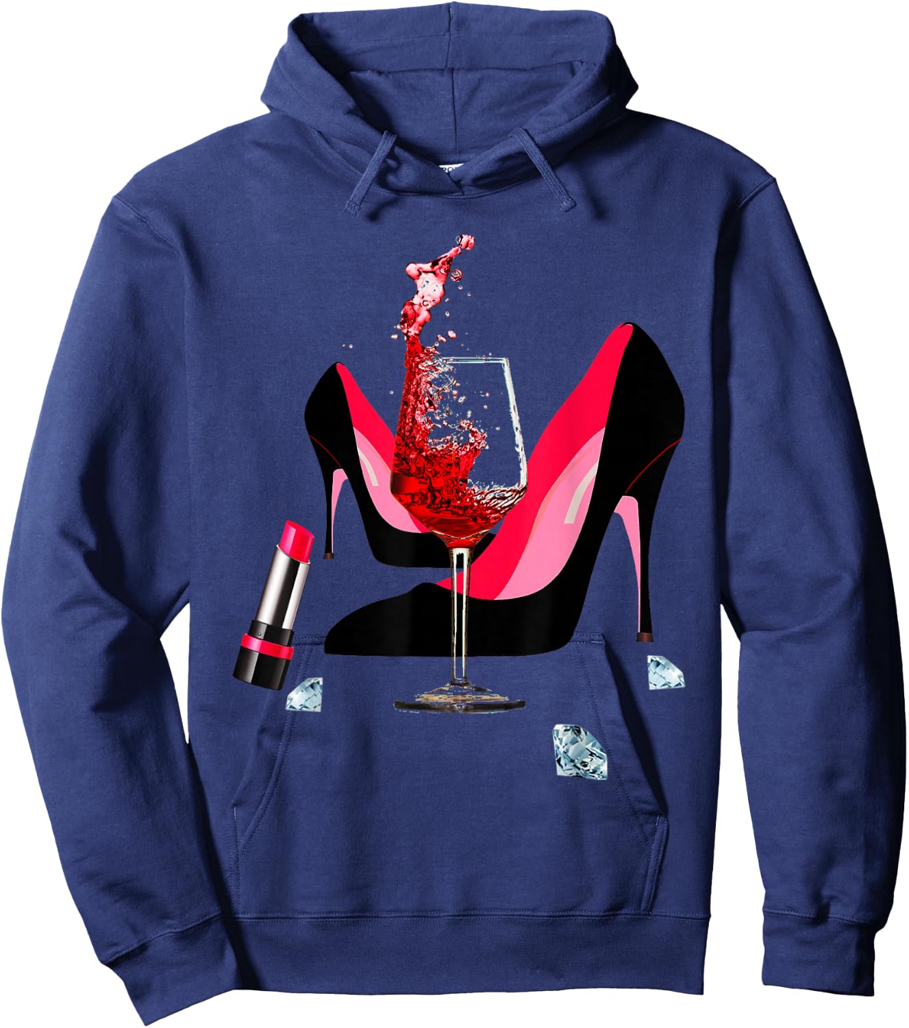 High Heel Shoes, red Lipstick, red Wine Glass and Diamonds Hoodie - Hoodie | Navy