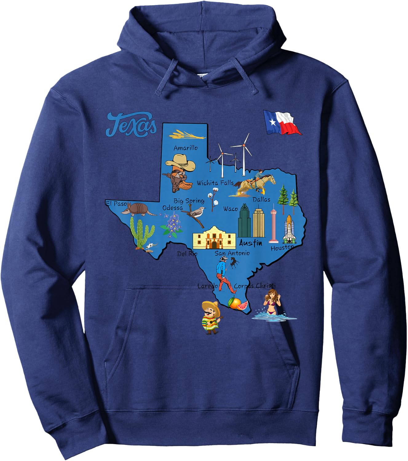 tourism map of Texas state, USA, cities, Landmarks, flag Hoodie - Hoodie | Navy