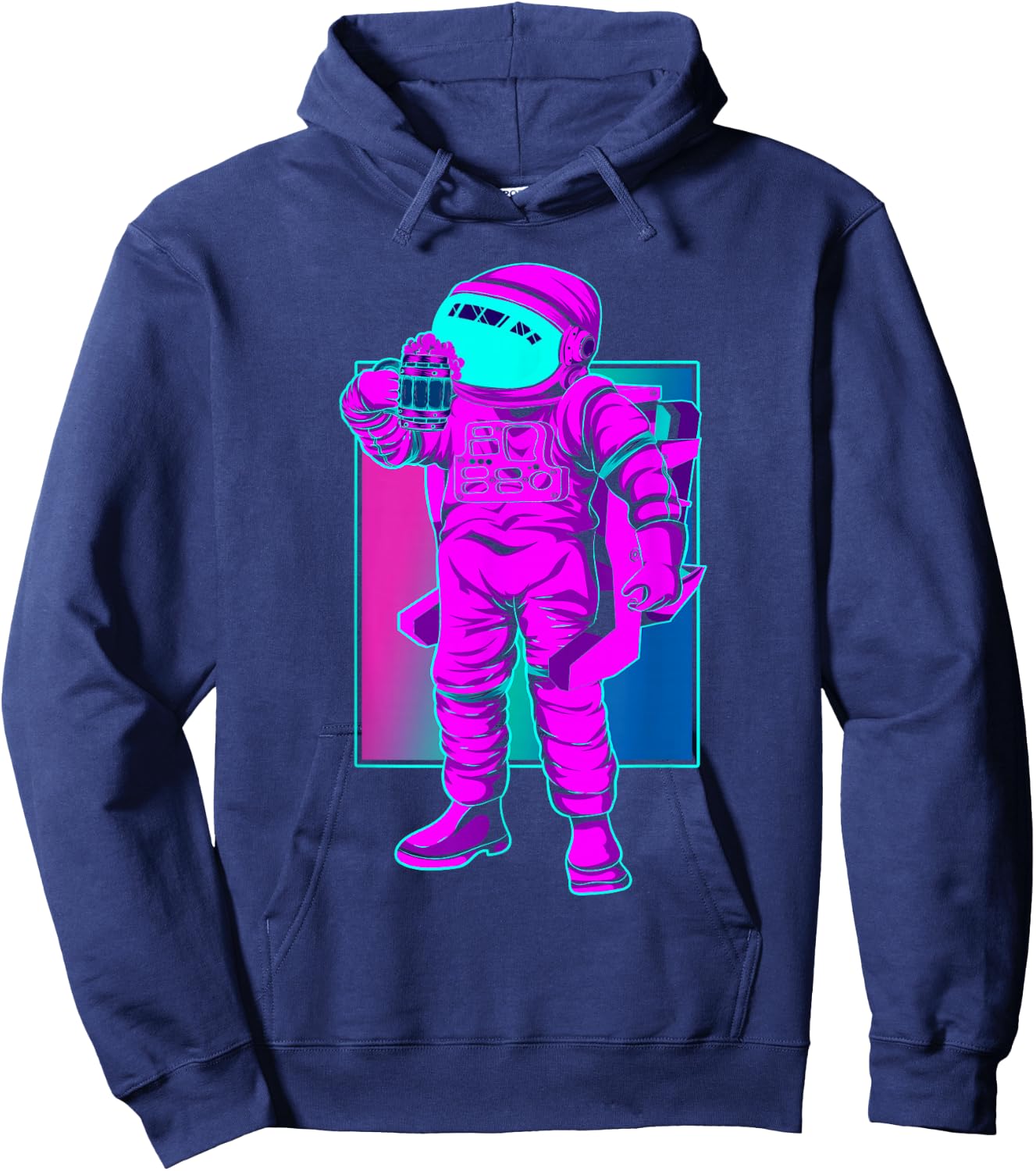 Synthwave Space 80s Vaporwave Funny Beer Drinking Astronaut Hoodie - Hoodie | Navy