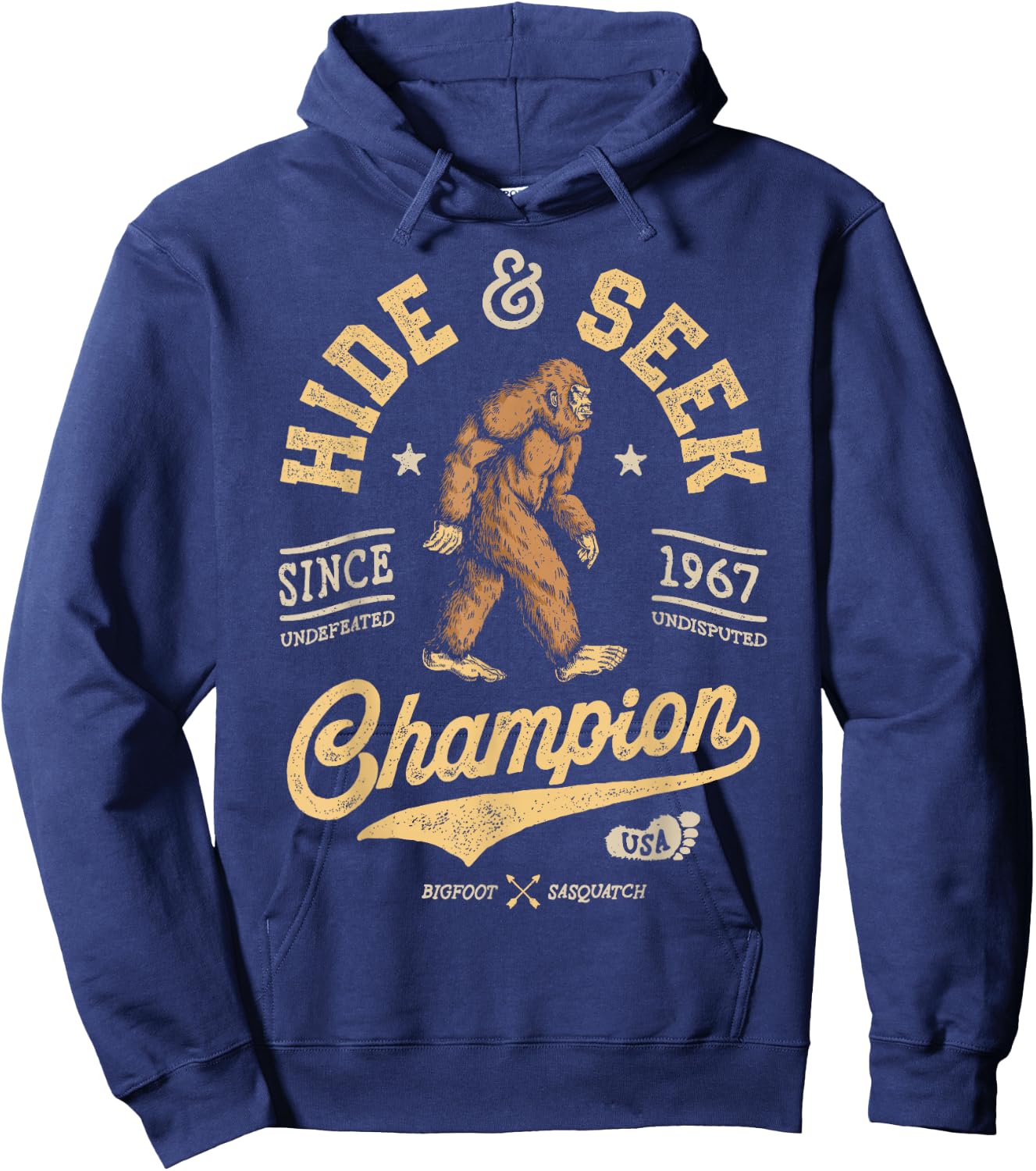 Bigfoot Hide and Seek Champion Funny Sasquatch Retro Vintage Small Hoodie - Hoodie | Navy