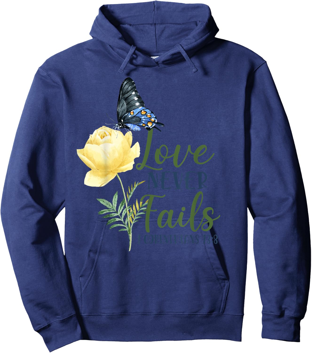 Christian Bible Verse Butterfly Flower 1 Corinthians 13:8 Hoodie - Hoodie | Navy
