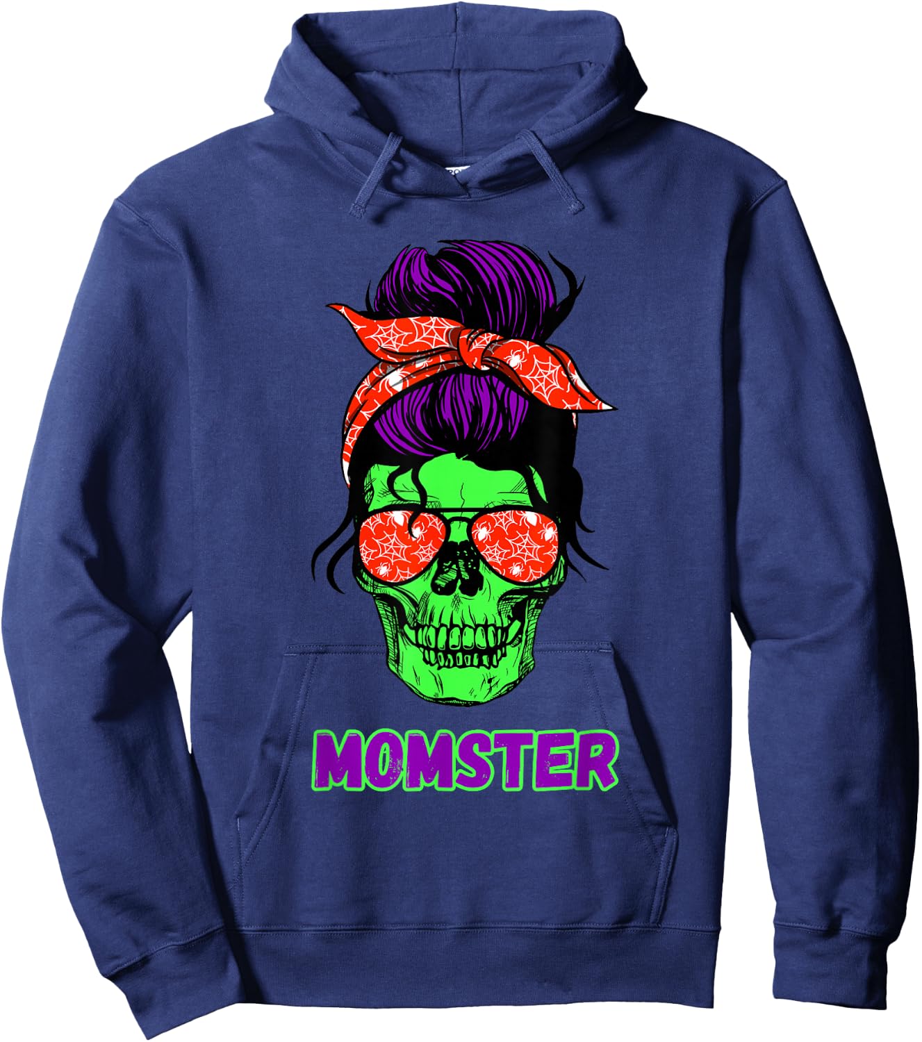 Momster Funny Skull Mama Messy Bun Mom Halloween Costume Hoodie - Hoodie | Navy