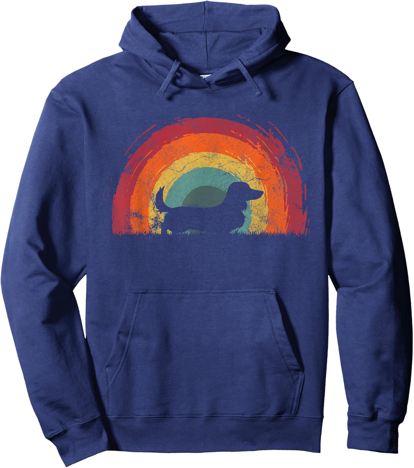 Long Haired Dachshund Vintage Rainbow Dog Men Women Hoodie - Hoodie | Navy