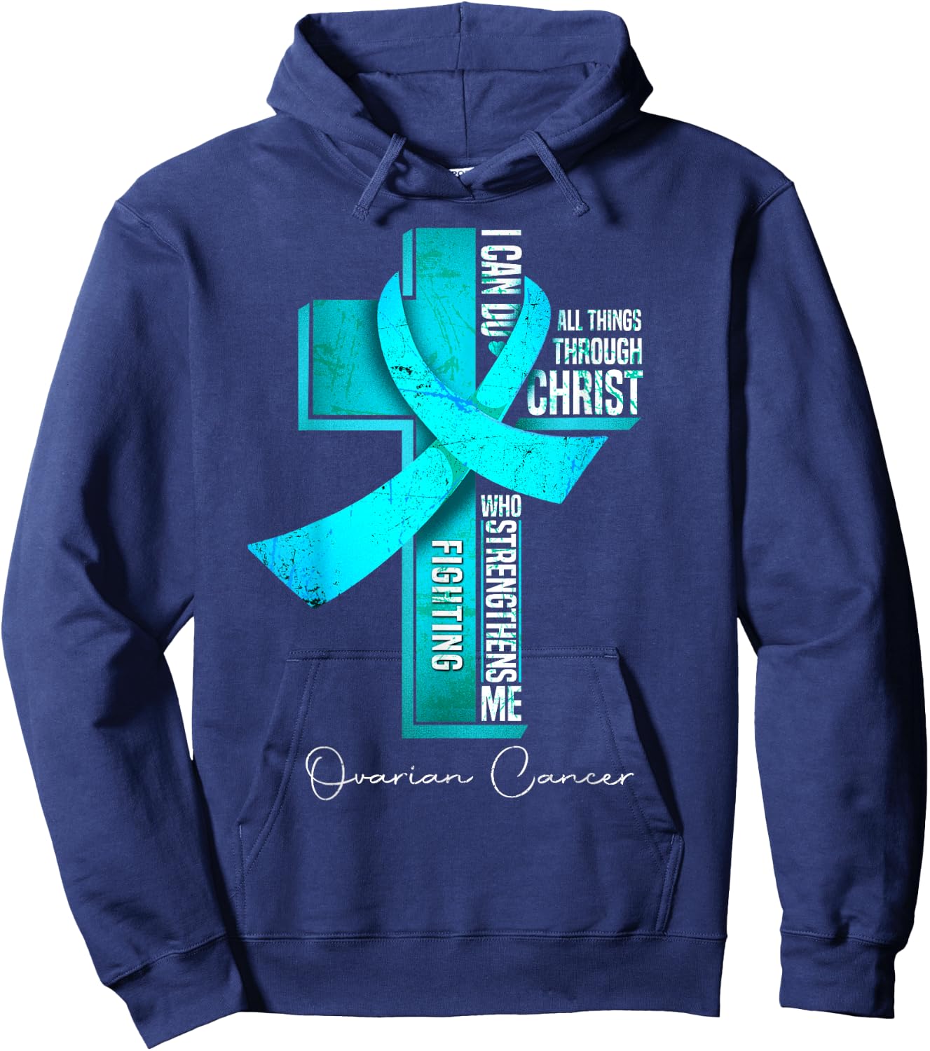 Ovarian Cancer Awareness Teal Ribbon Christian Cross Hoodie - Hoodie | Navy