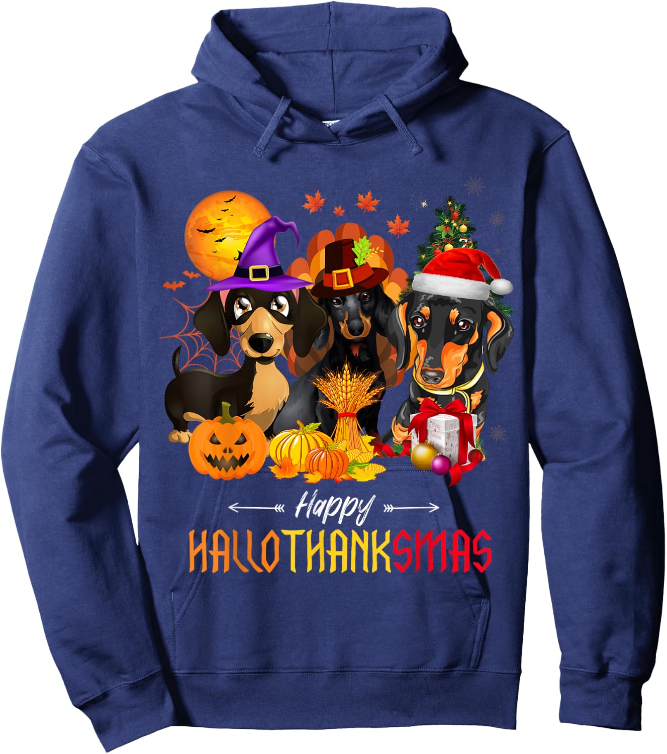Dachshund Dog Halloween Merry Christmas Happy Hallothanksmas Men Women Kids Hoodie - Hoodie | Navy