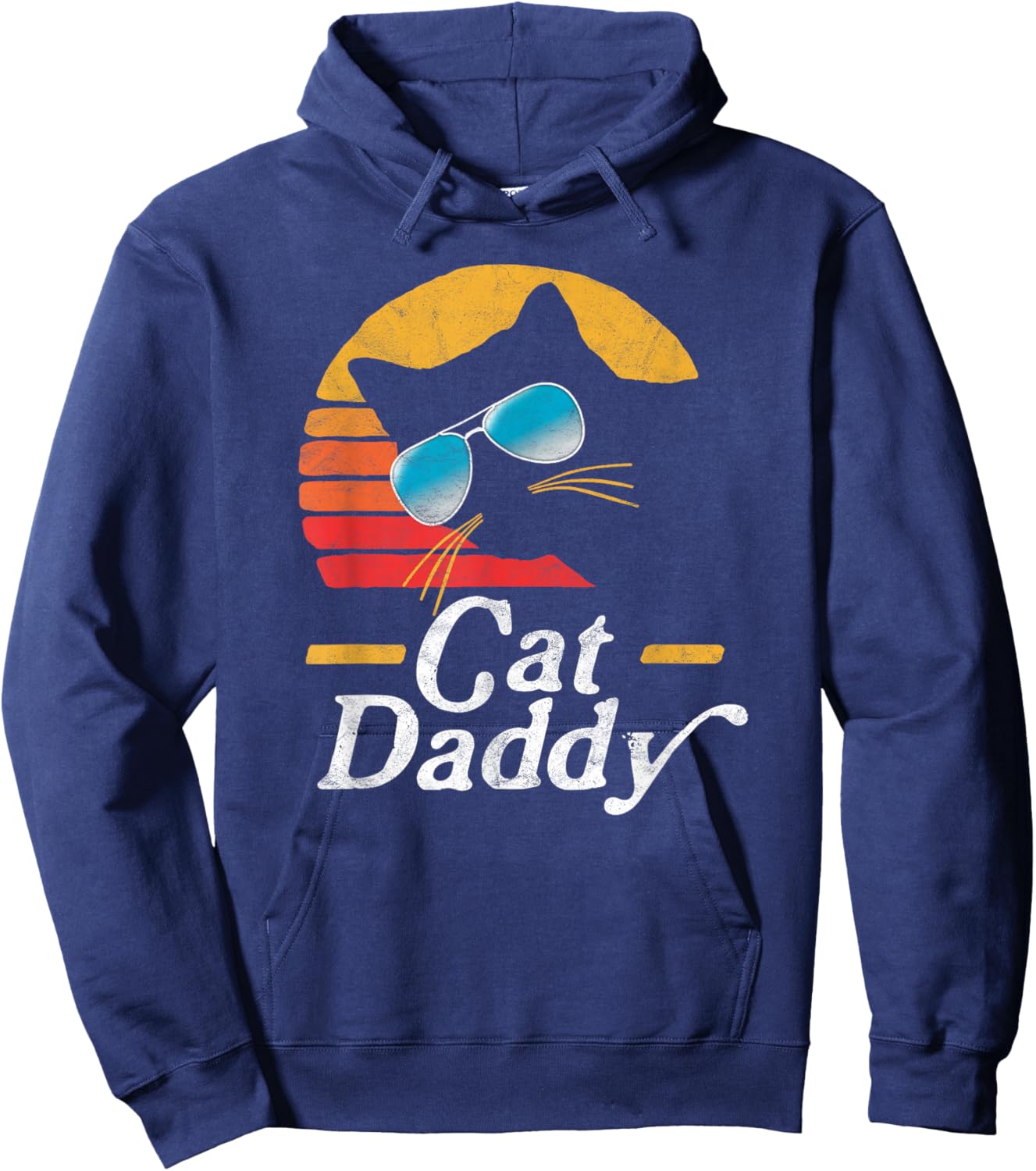 Cat Daddy Vintage 80s Style Cat Retro Sunglasses Distressed Hoodie - Hoodie | Navy