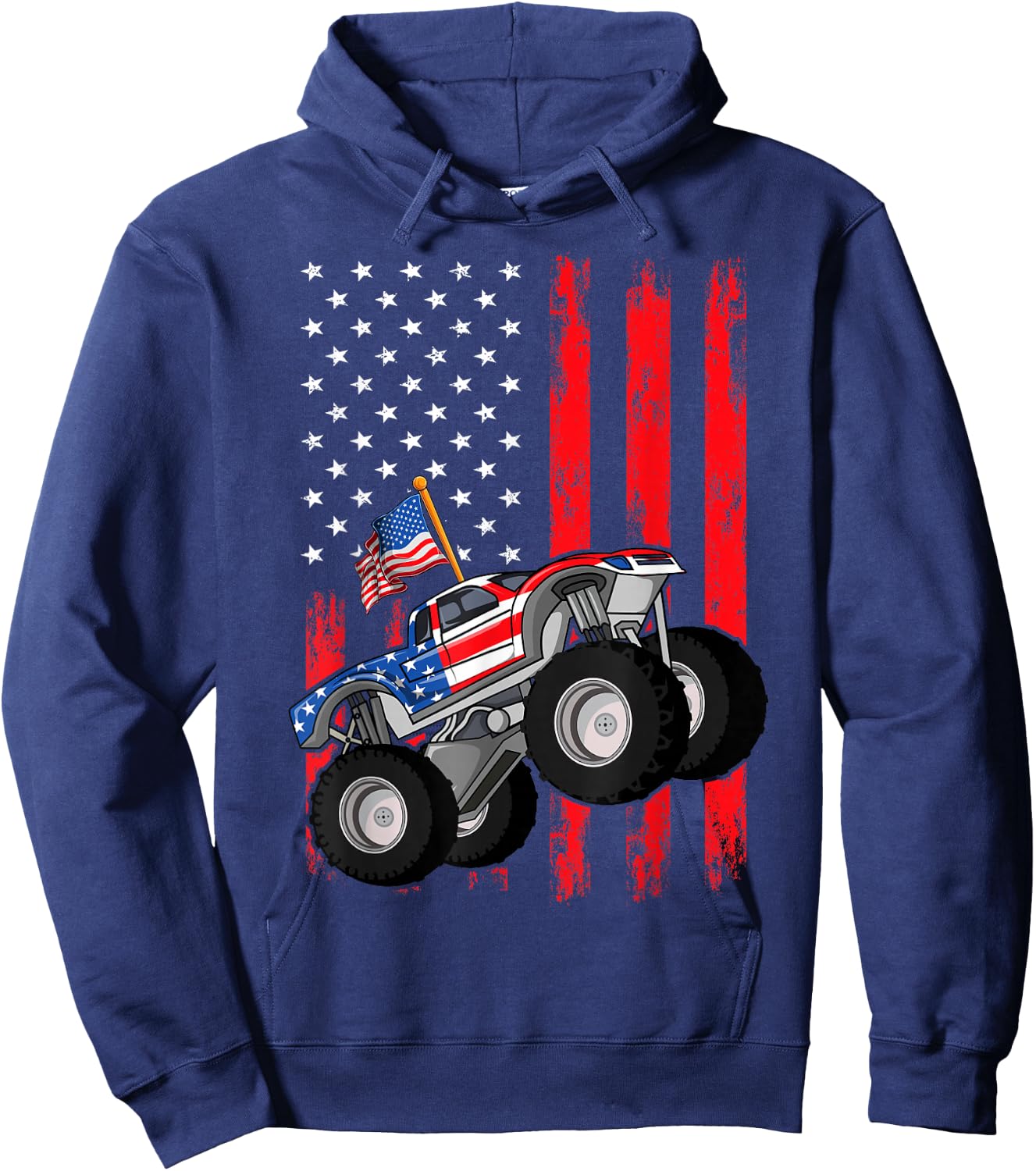 Kid Monster Truck Shirt, Toddler Boys American Flag July 4th Hoodie - Hoodie | Navy