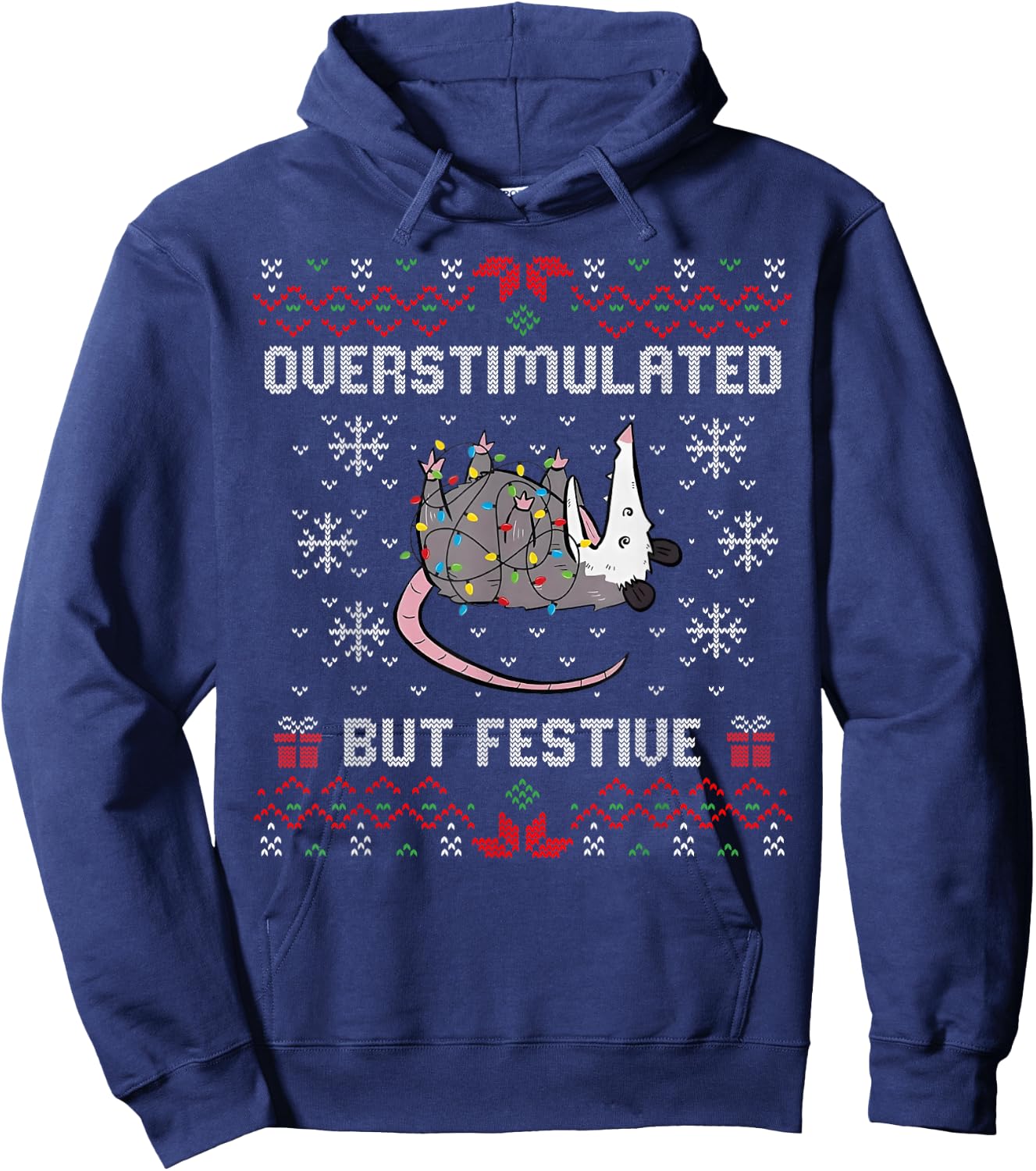 Overstimulated But Festive Possum Christmas Ugly Hoodie - Hoodie | Navy
