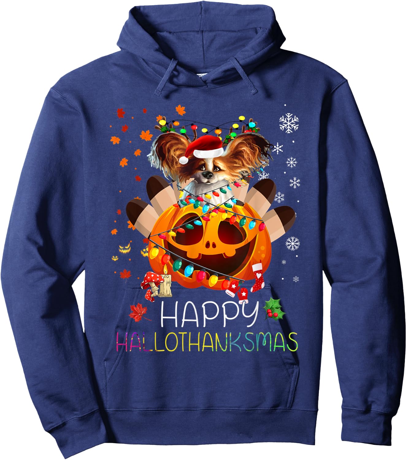 Funny Papillon Dog Happy Thanksgiving Halloween Xmas Pajama Hoodie - Hoodie | Navy