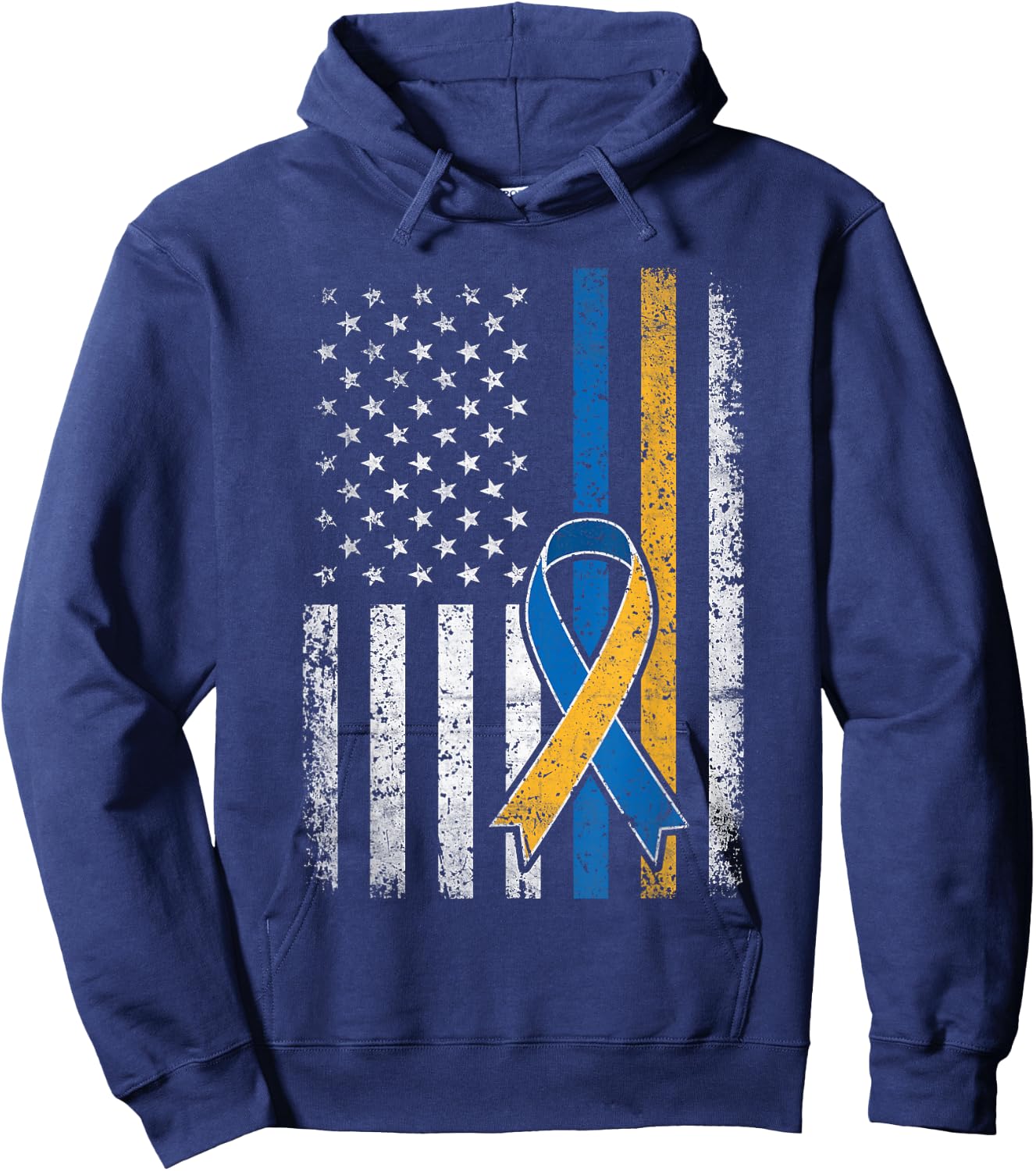 Down Syndrome Shirt USA Flag Retro Blue and Yellow Ribbon Hoodie - Hoodie | Navy
