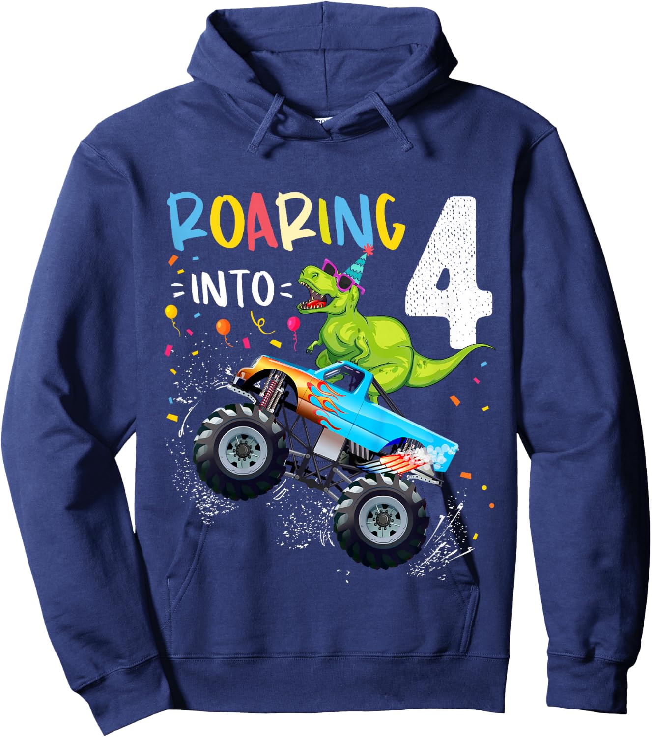 Kids 4th Birthday T Rex Dinosaur Monster Truck Boys and Girls Hoodie - Hoodie | Navy