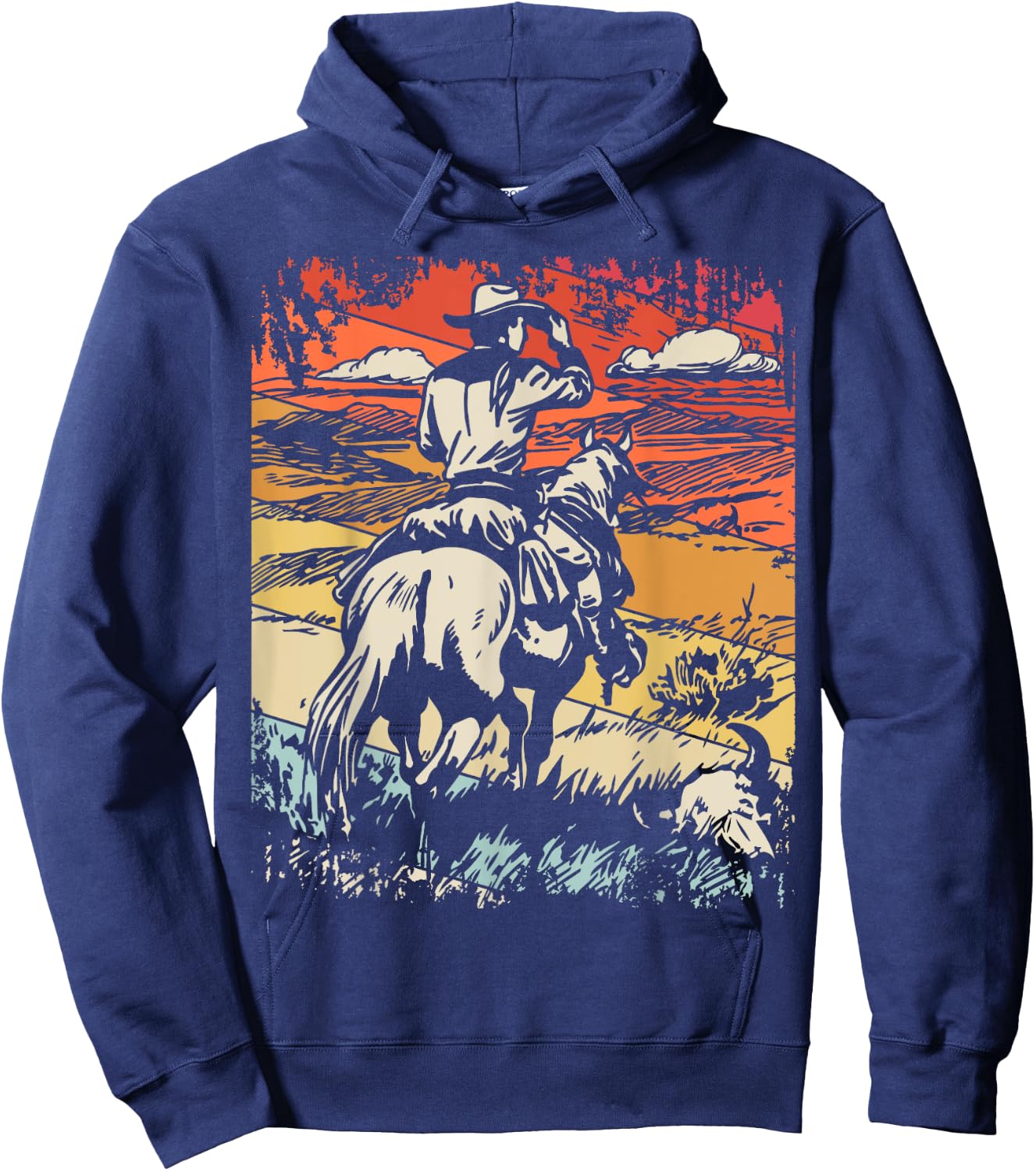 Vintage Cowboy By SamBro Retro -Adults Kids Western Black Small Short Sleeve Hoodie - Hoodie | Navy