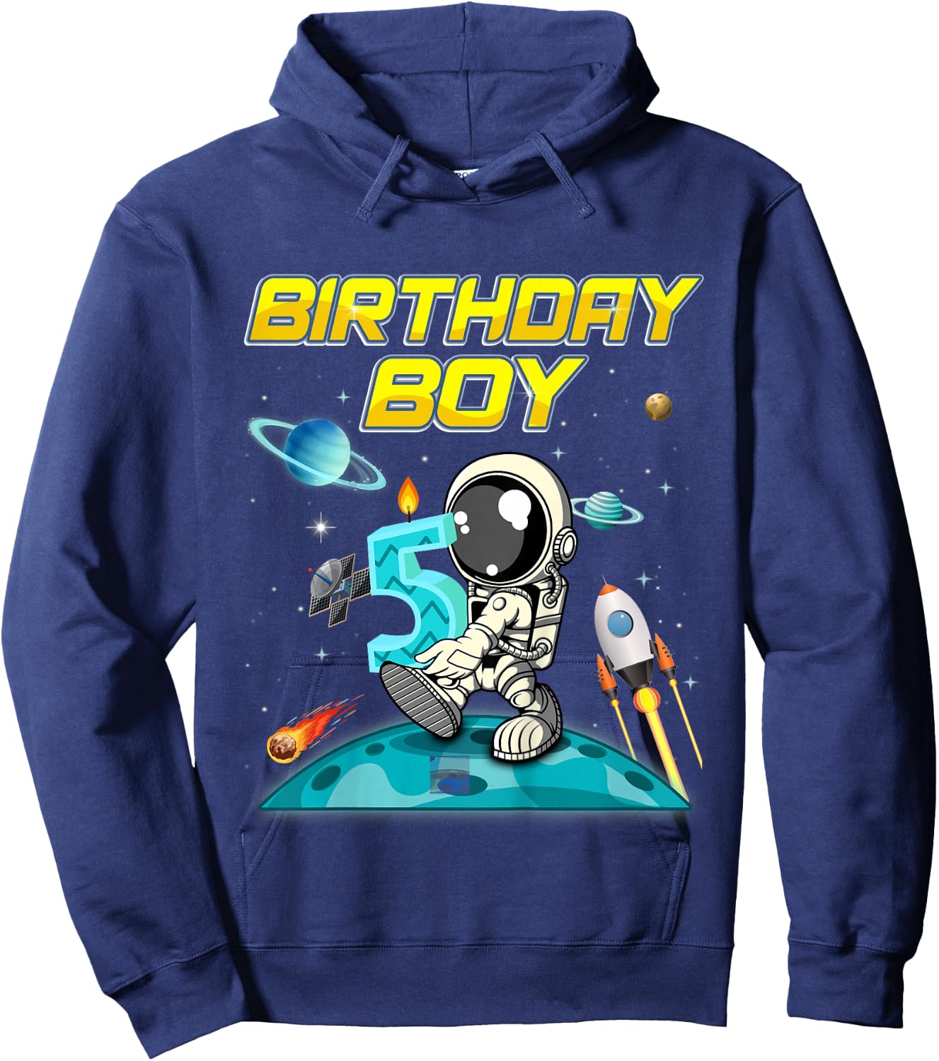 Kids 5 Year Old Outer Space Bday Boy Planets Astronaut 5th Gift Hoodie - Hoodie | Navy