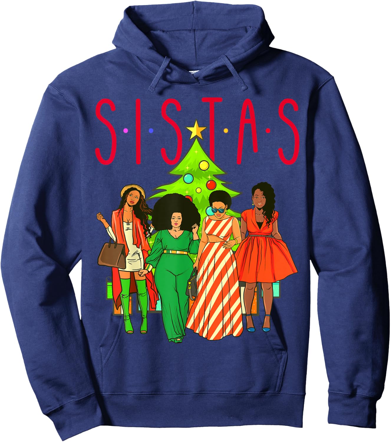 Sistas Christmas Tree Black Women Squad Sista Melanin Crew Hoodie - Hoodie | Navy