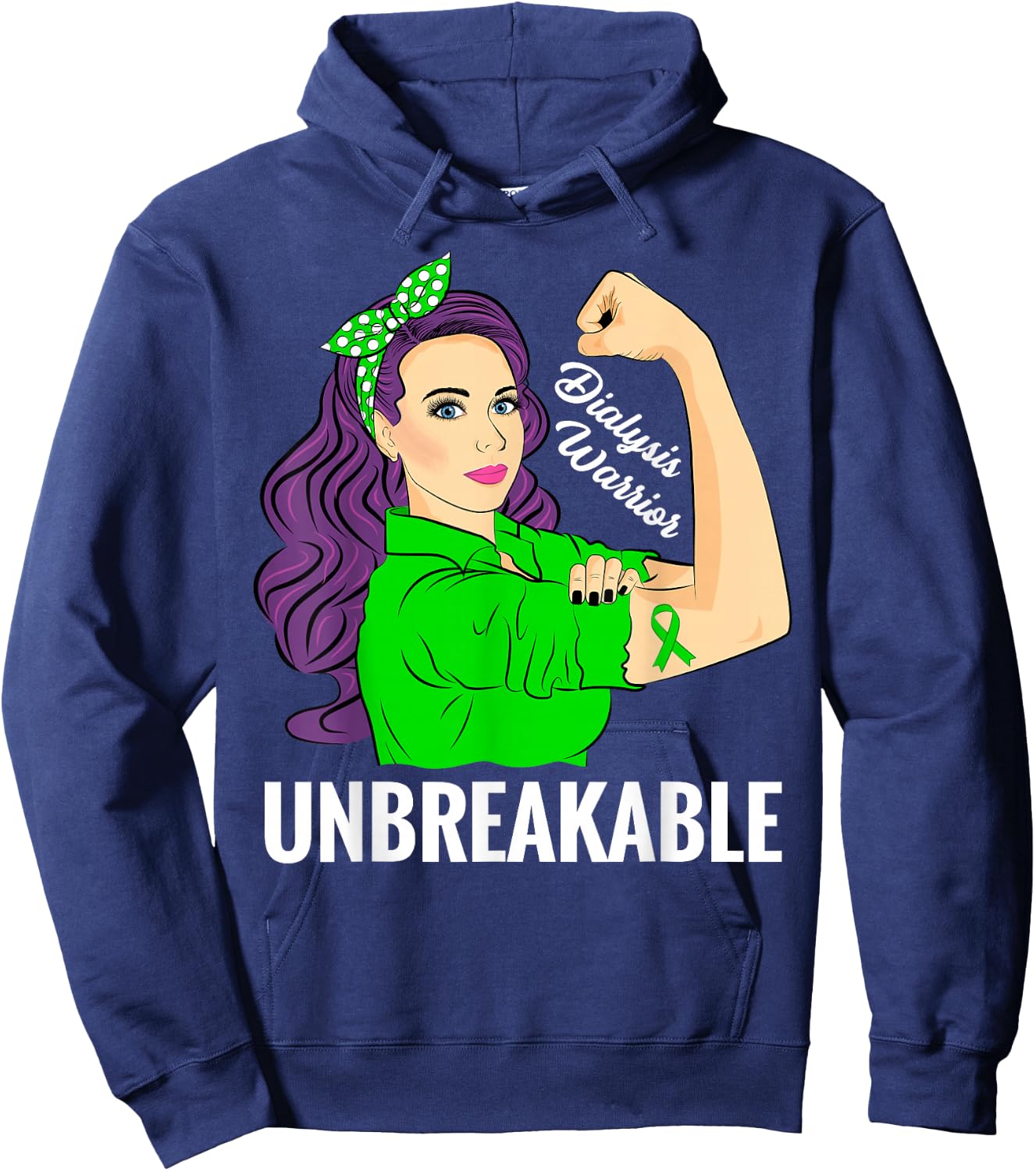 Dialysis Awareness Products Znovanna -Adult Green Cotton Polyester , Small, , Short Sleeve, Single Cuff, Kidney Awareness Hoodie - Hoodie | Navy