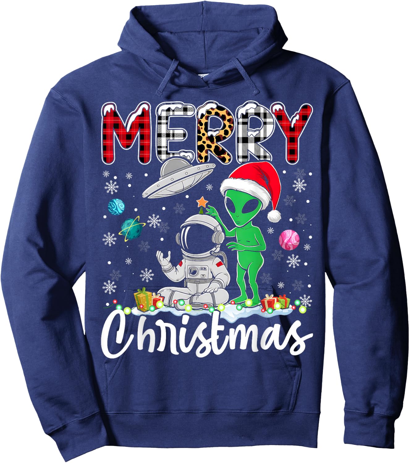 Alien Santa Astronaut UFO Christmas Snowflakes Xmas Hoodie - Hoodie | Navy