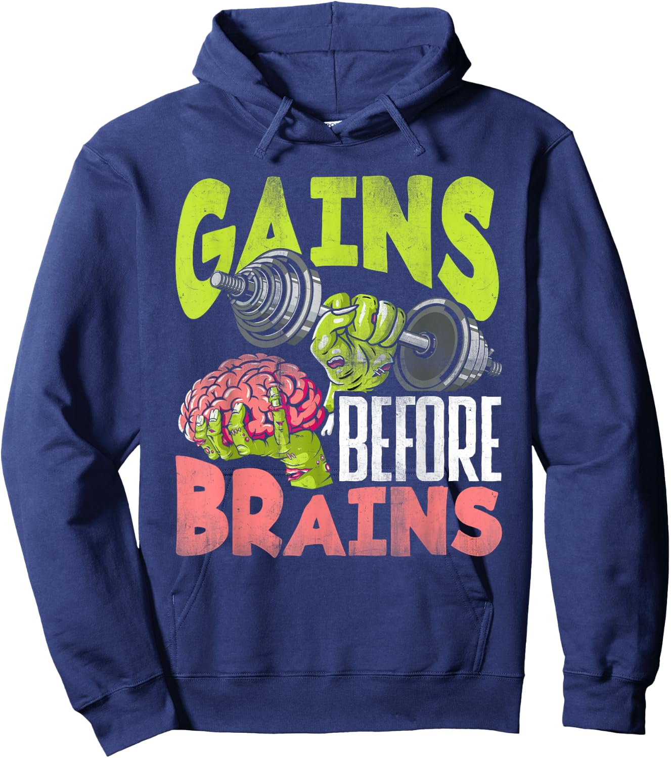 Halloween Workout Zombie Weightlifting Gains Before Brains Hoodie - Hoodie | Navy
