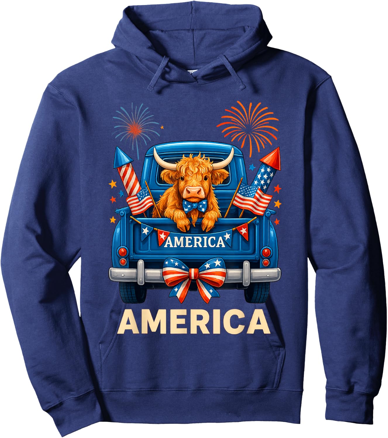 Patriotic Truck Highland Cow Cute 4th of July American Flag Hoodie - Hoodie | Navy