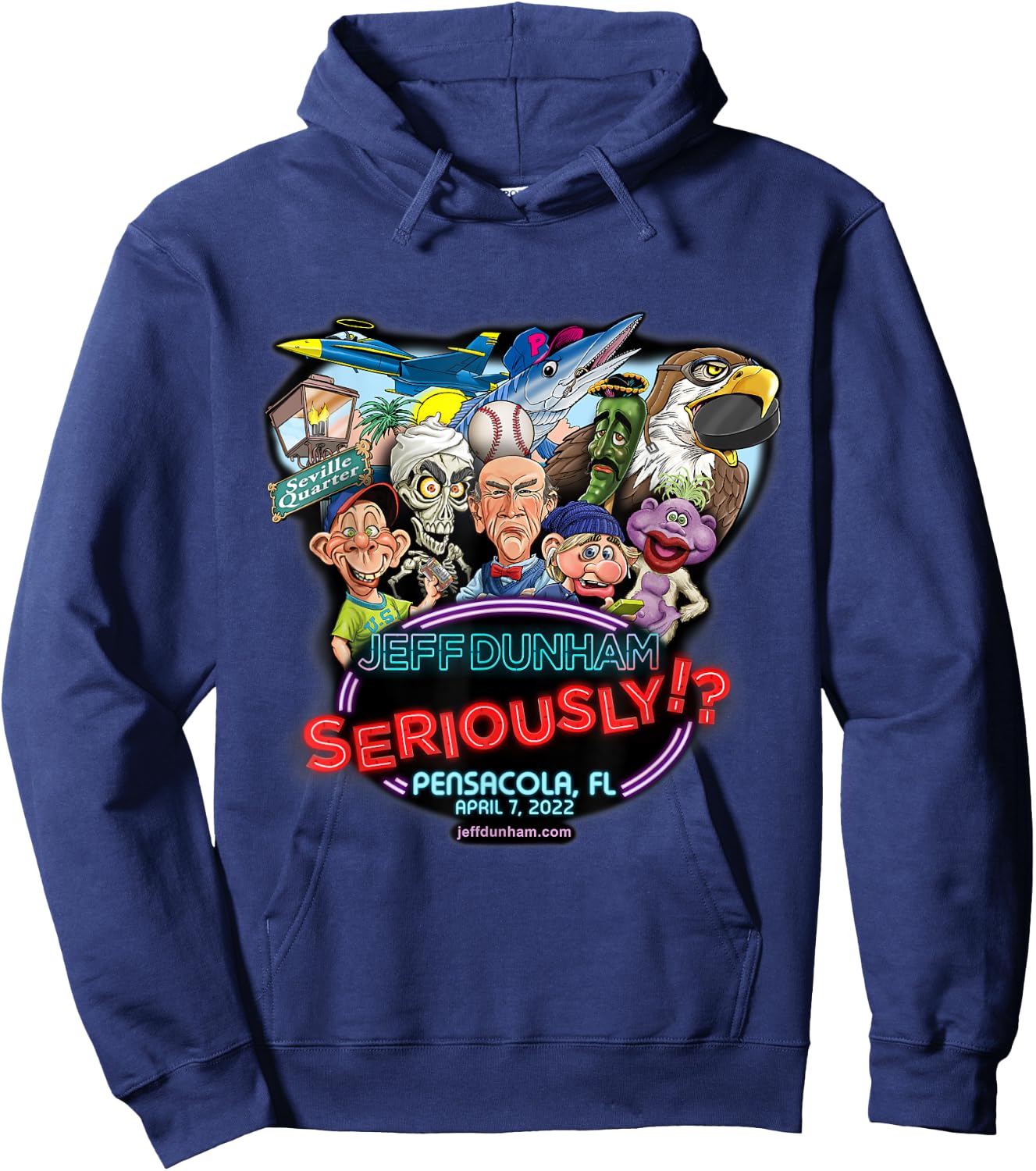 Jeff Dunham -Adults Black Cotton , Small, Short Sleeve, Classic Fit, Pensacola, FL (2022) Hoodie - Hoodie | Navy