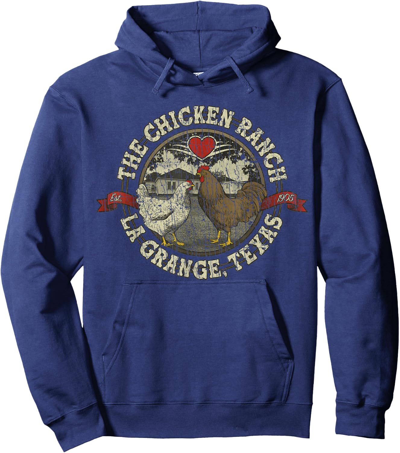 The Chicken Ranch La Grange 1905 Vintage Retro Distressed - Black, Small, Short Sleeve, , Classic Fit, Rayon, Letter Print, Women's, Girls, Casual, All Seasons Hoodie - Hoodie | Navy