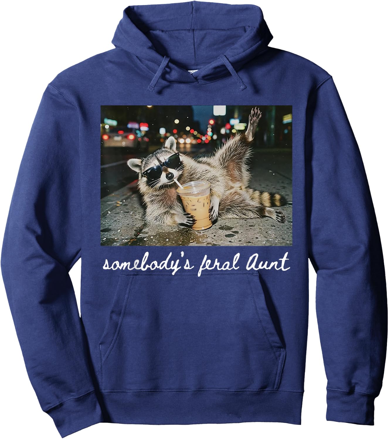 Somebody's Feral Aunt Funny Raccoon Drinking Coffee Hoodie - Hoodie | Navy