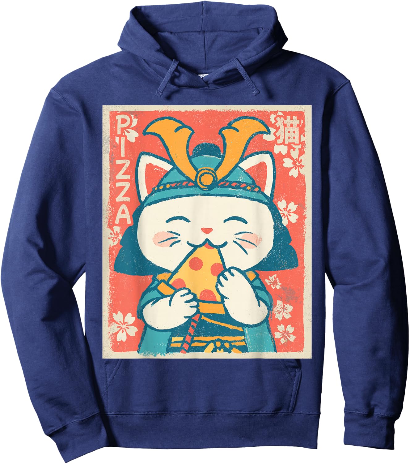 Samurai Cat Eating Pizza – Kawaii Retro Japanese Graphic Hoodie - Hoodie | Navy