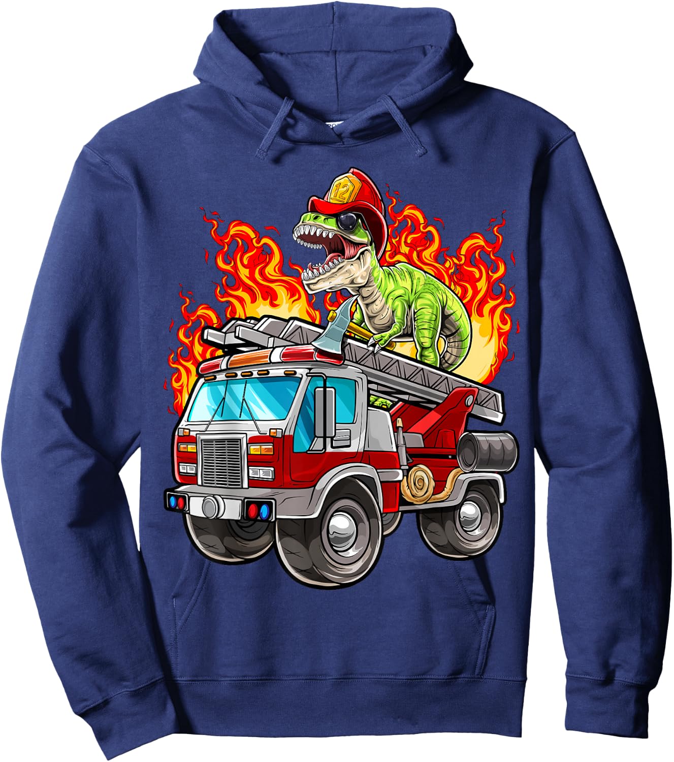Fireman T Rex Dinosaur Firefighter Hat and Firetruck Boys Hoodie - Hoodie | Navy