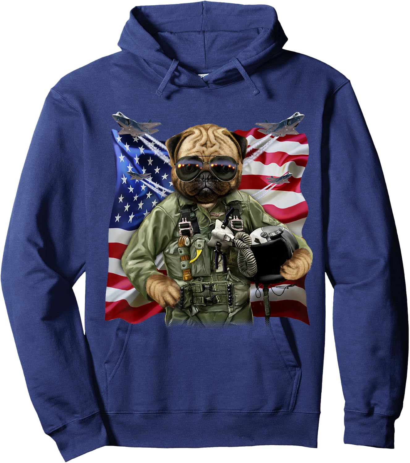 Pug Dog Fighter Jet Pilot with Flag of USA Hoodie - Hoodie | Navy