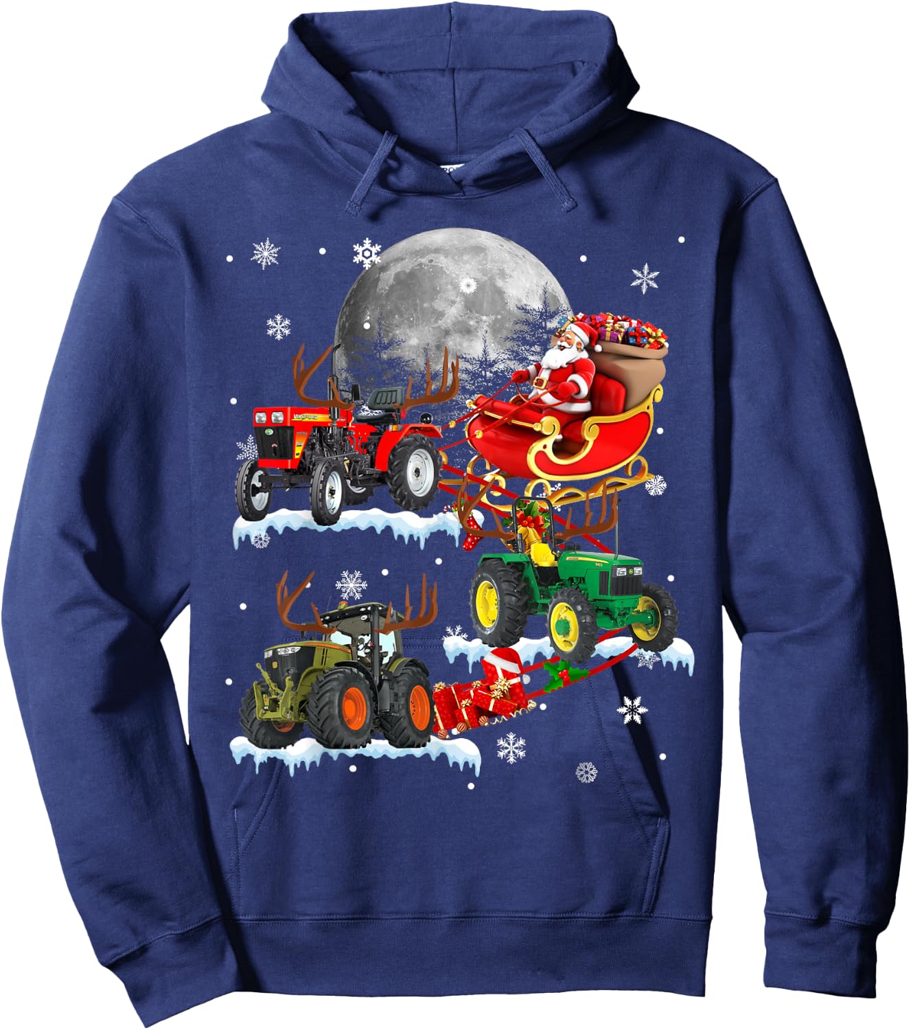 Santa Claus Riding Tractor Sleigh Christmas Tractor Driver Hoodie - Hoodie | Navy