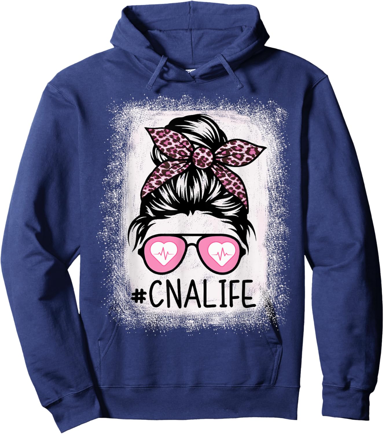CNA Nurse Life Bleached Shirts Pink Leopard Messy Bun Hoodie - Hoodie | Navy