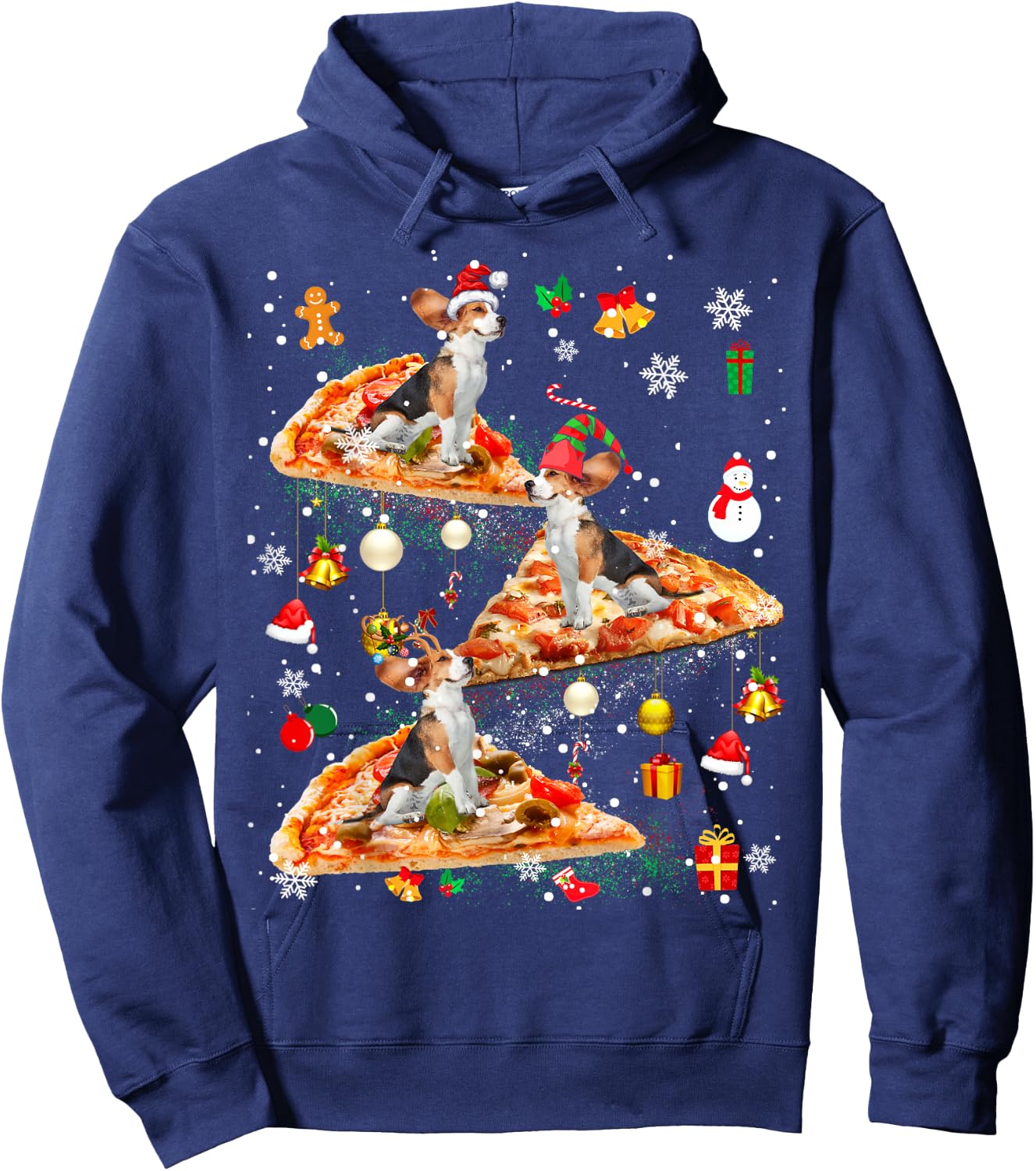 Santa Reindeer Elf Beagle Riding Pizza Galaxy Ornaments Hoodie - Hoodie | Navy