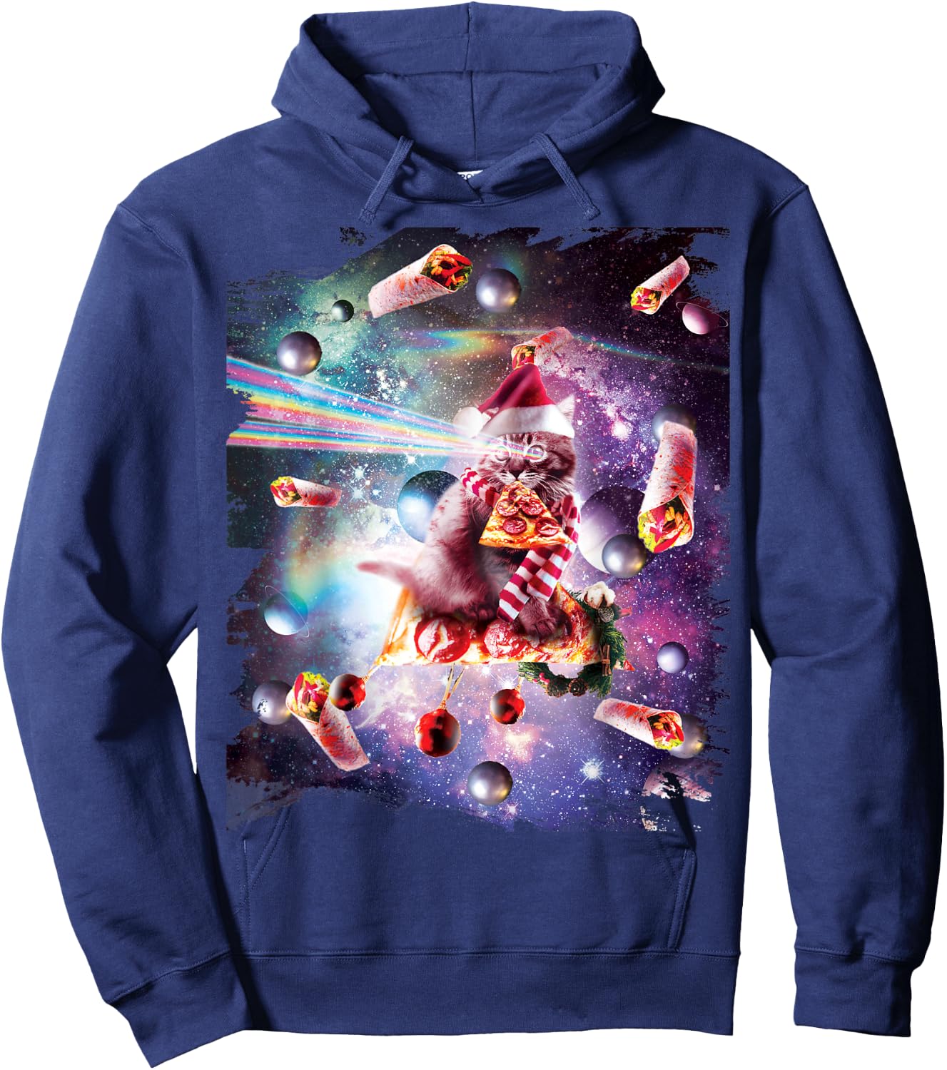 Christmas Space Cat Eating Pizza - Laser Eyes Xmas X-Mas Women Kids Hoodie - Hoodie | Navy