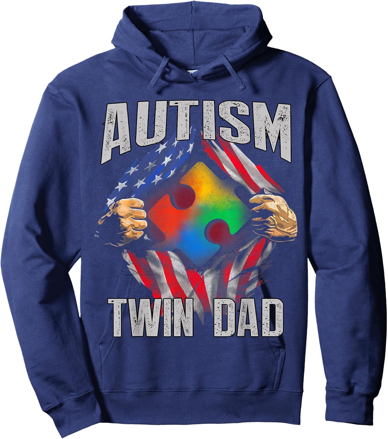 Autism Twin Dad American Flag Autism Awareness Men Hoodie - Hoodie | Navy