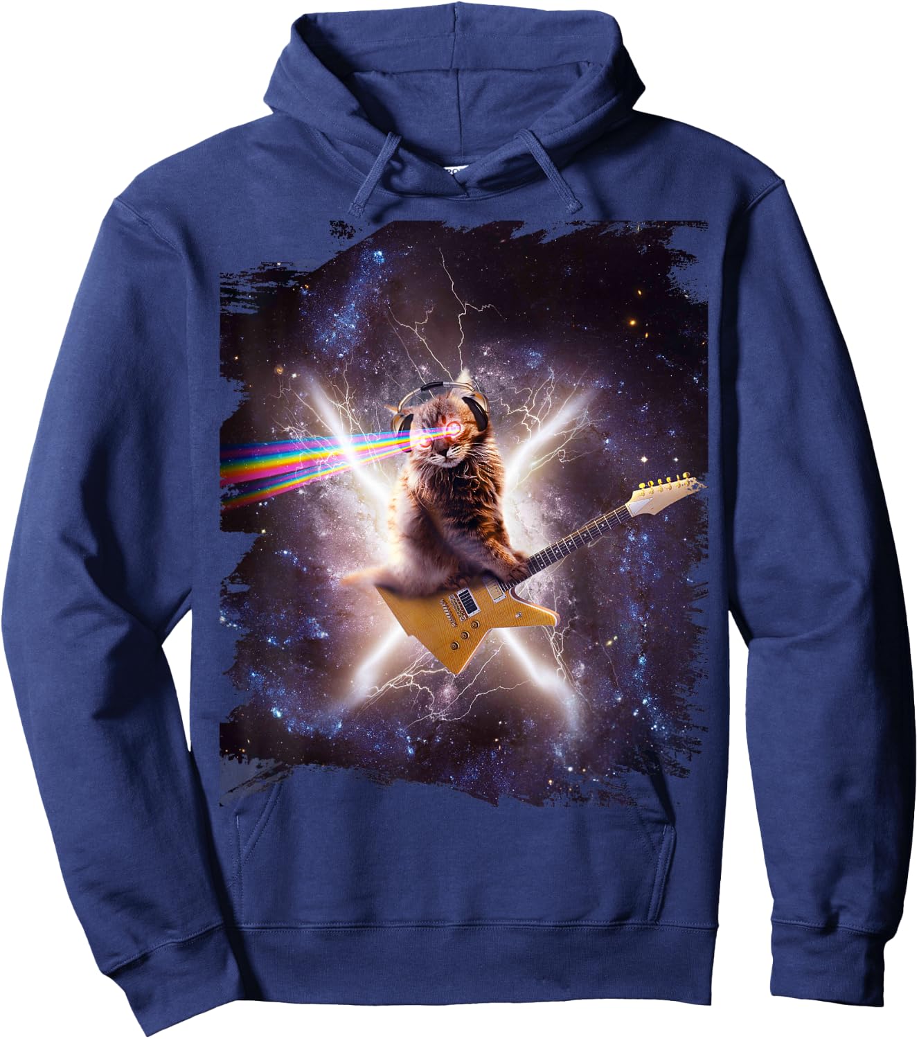 Laser Cat Riding Guitar In Outer Space Galaxy Lightning Hoodie - Hoodie | Navy
