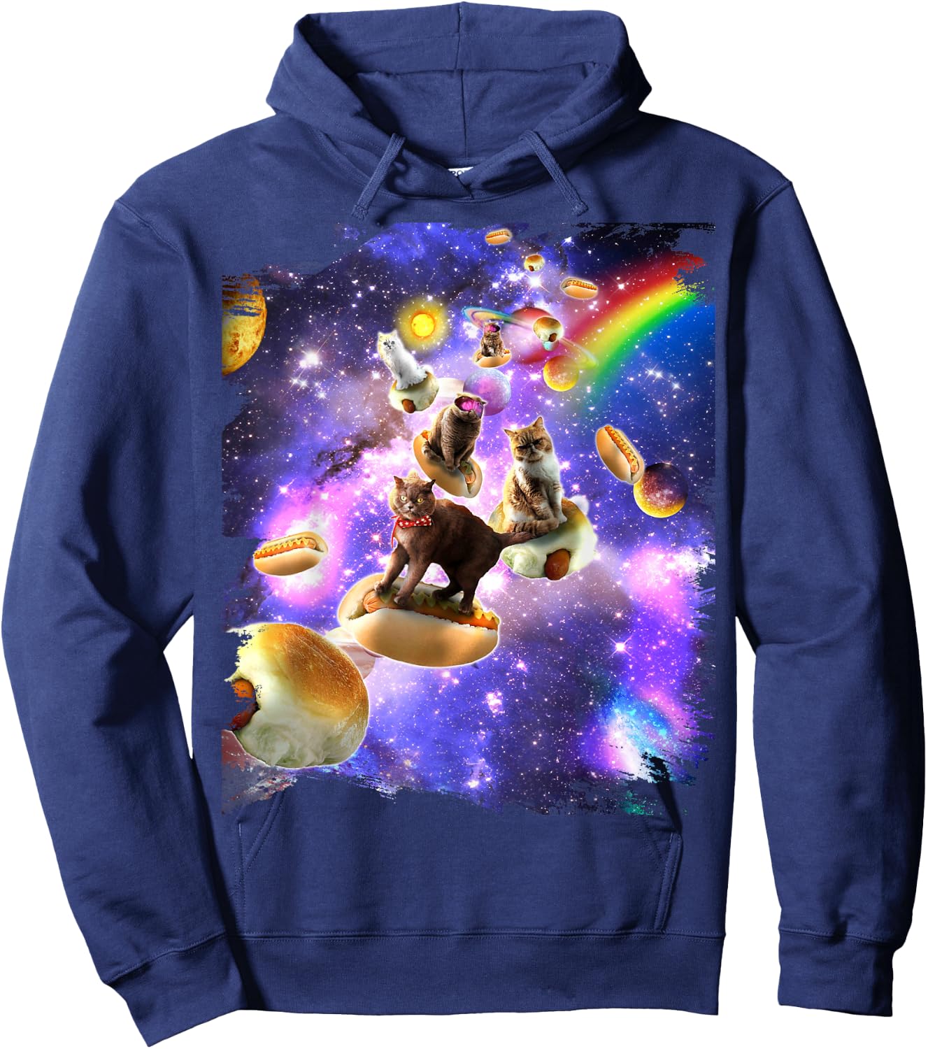 Space Cats Riding Hot Dogs Cat In Rainbow Galaxy Hoodie - Hoodie | Navy