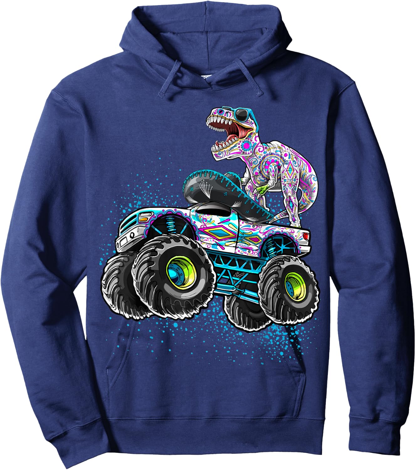 Day of the Dead Monster Truck Dinosaur Sugar Skull Boys Hoodie - Hoodie | Navy