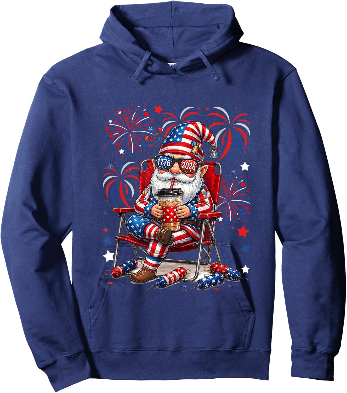 Gnome Sunglasses US Flag Drinking Coffee 4th July Patriotic Hoodie - Hoodie | Navy