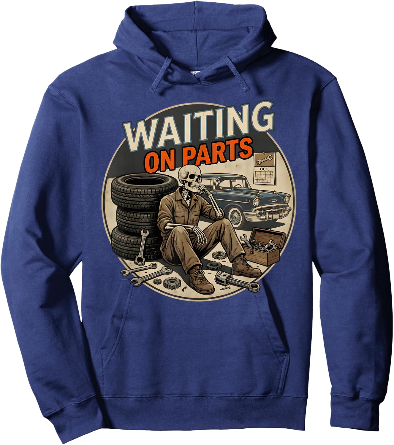 Waiting On Parts Funny Skeleton Auto Mechanic Technician Hoodie - Hoodie | Navy