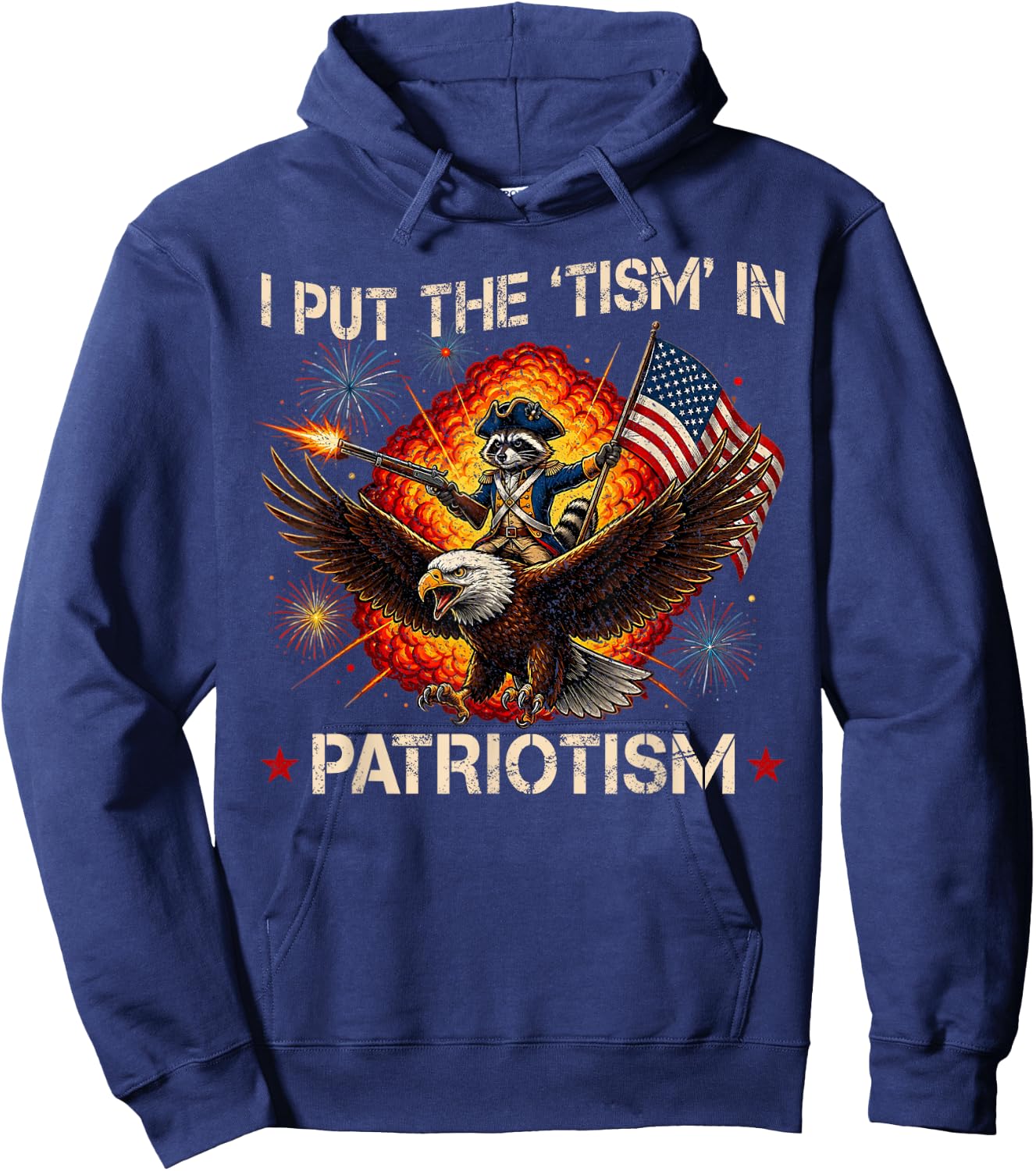 I Put The “Tism” in Patriotism Retro Eagle Raccoon USA Flag Hoodie - Hoodie | Navy